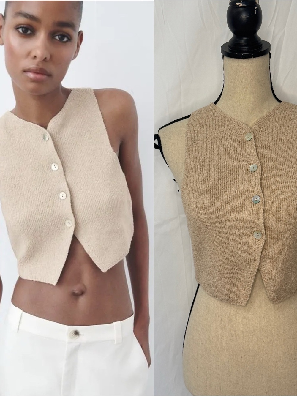 Zara Buttoned Knit Crop Top Beige